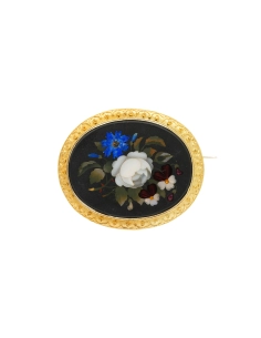 Broche Art Déco en or jaune 18 carats sertie d'une mosaïque en lapis lazuli, nacre, jaspe et opale - - 1