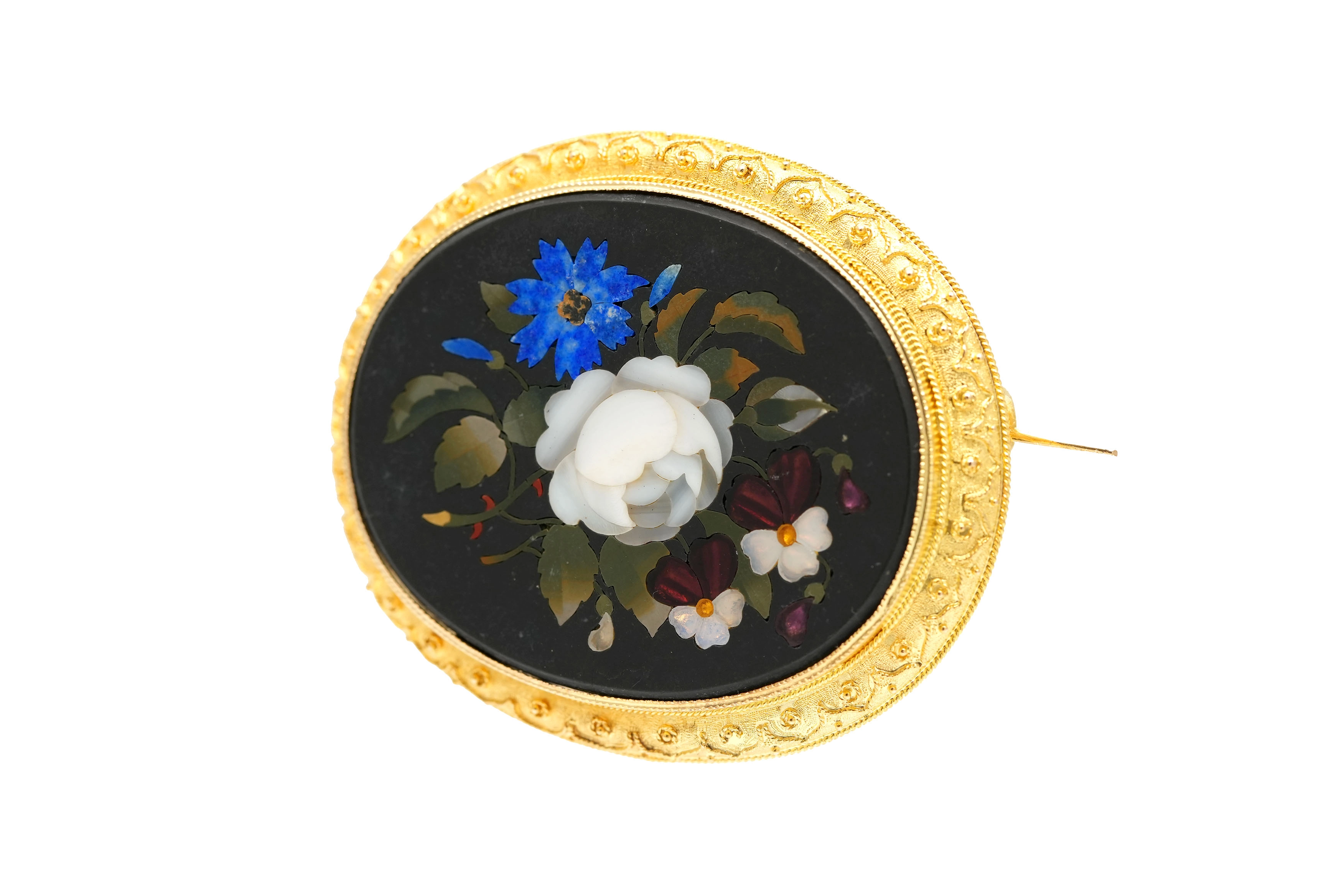 Broche Art Déco en or jaune 18 carats sertie d'une mosaïque en lapis lazuli, nacre, jaspe et opale - - 2