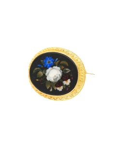 Broche Art Déco en or jaune 18 carats sertie d'une mosaïque en lapis lazuli, nacre, jaspe et opale - - 2