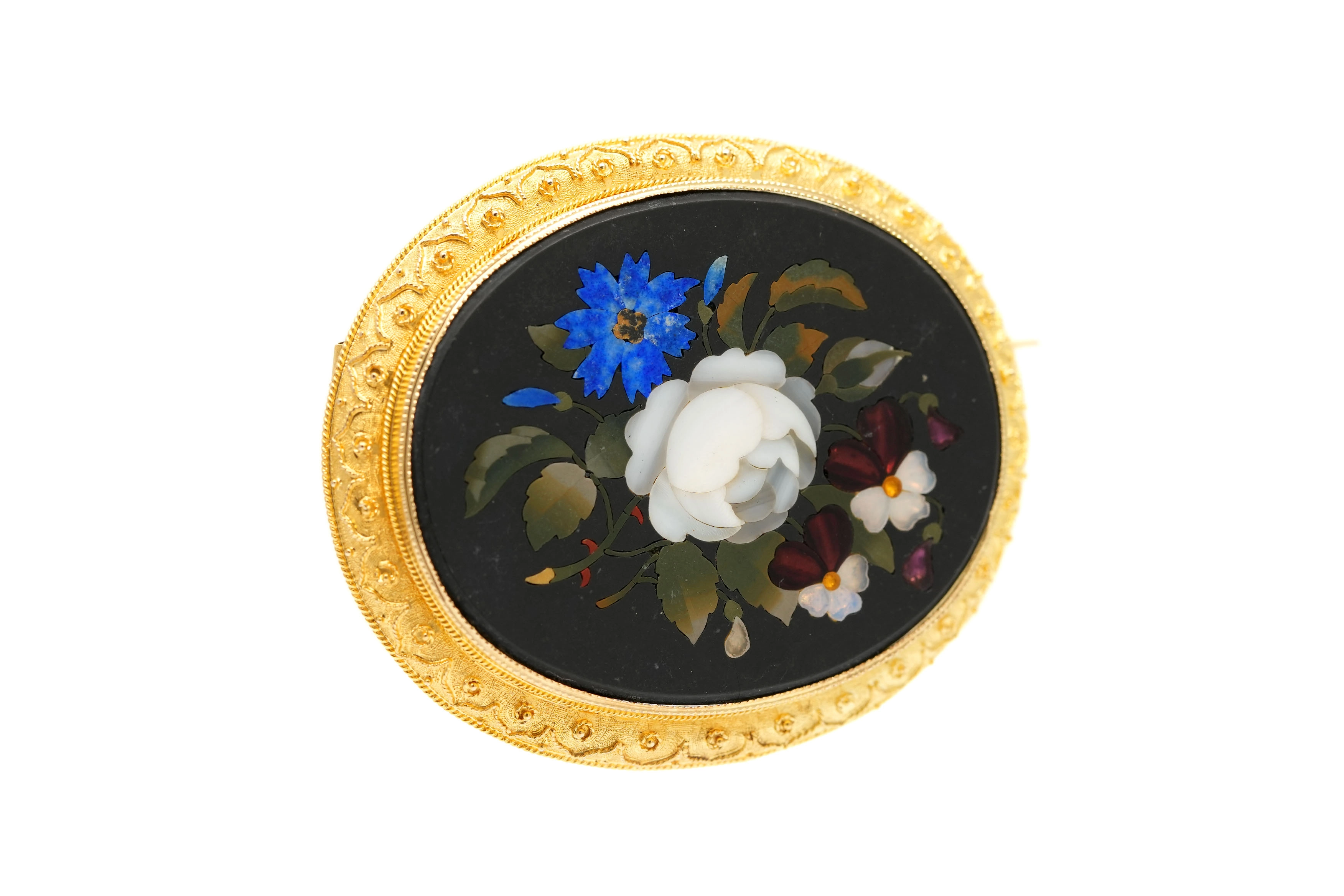 Broche Art Déco en or jaune 18 carats sertie d'une mosaïque en lapis lazuli, nacre, jaspe et opale - - 6