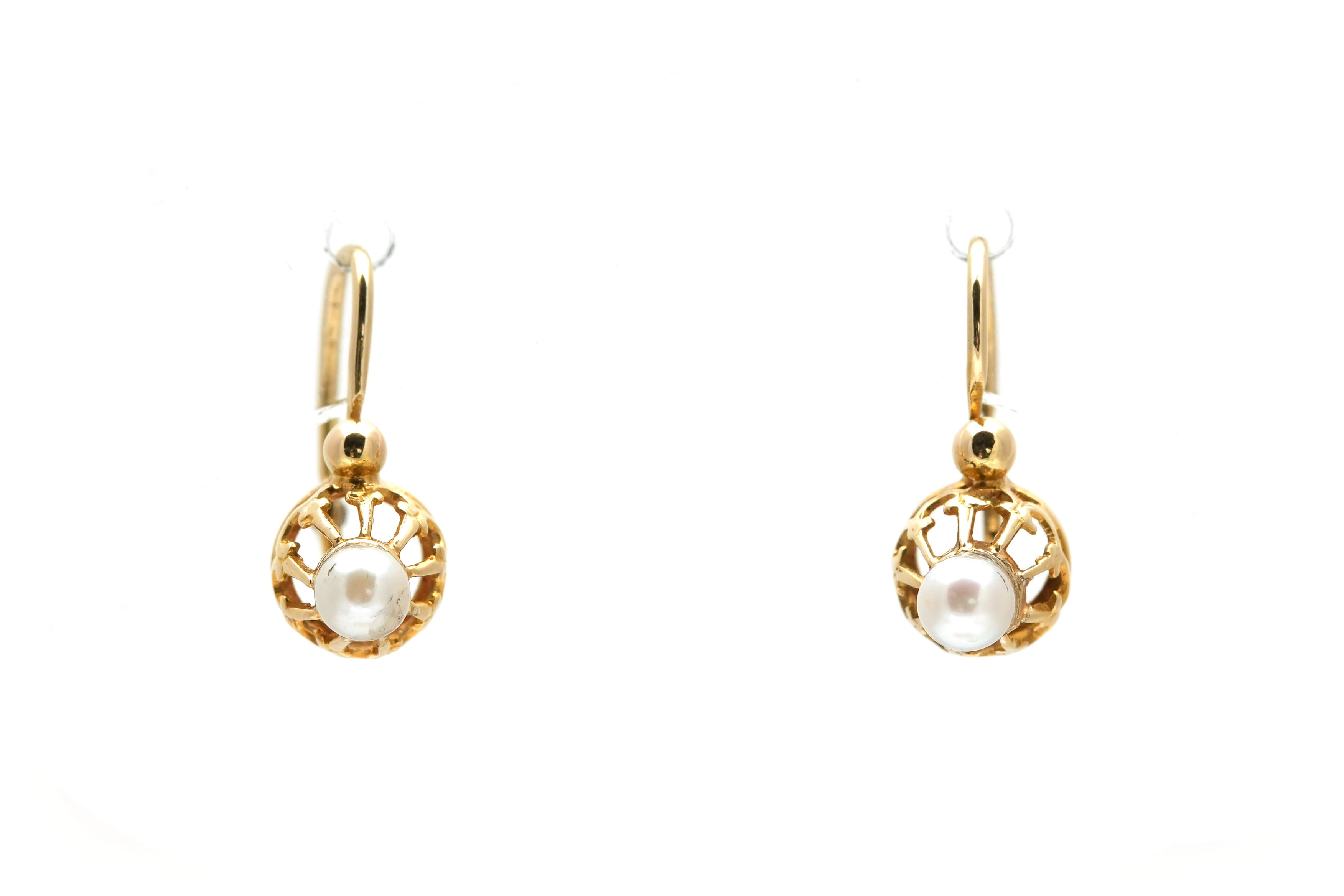 Boucles d'oreilles Art Nouveau en or jaune 18 carats serties de perles - - 1