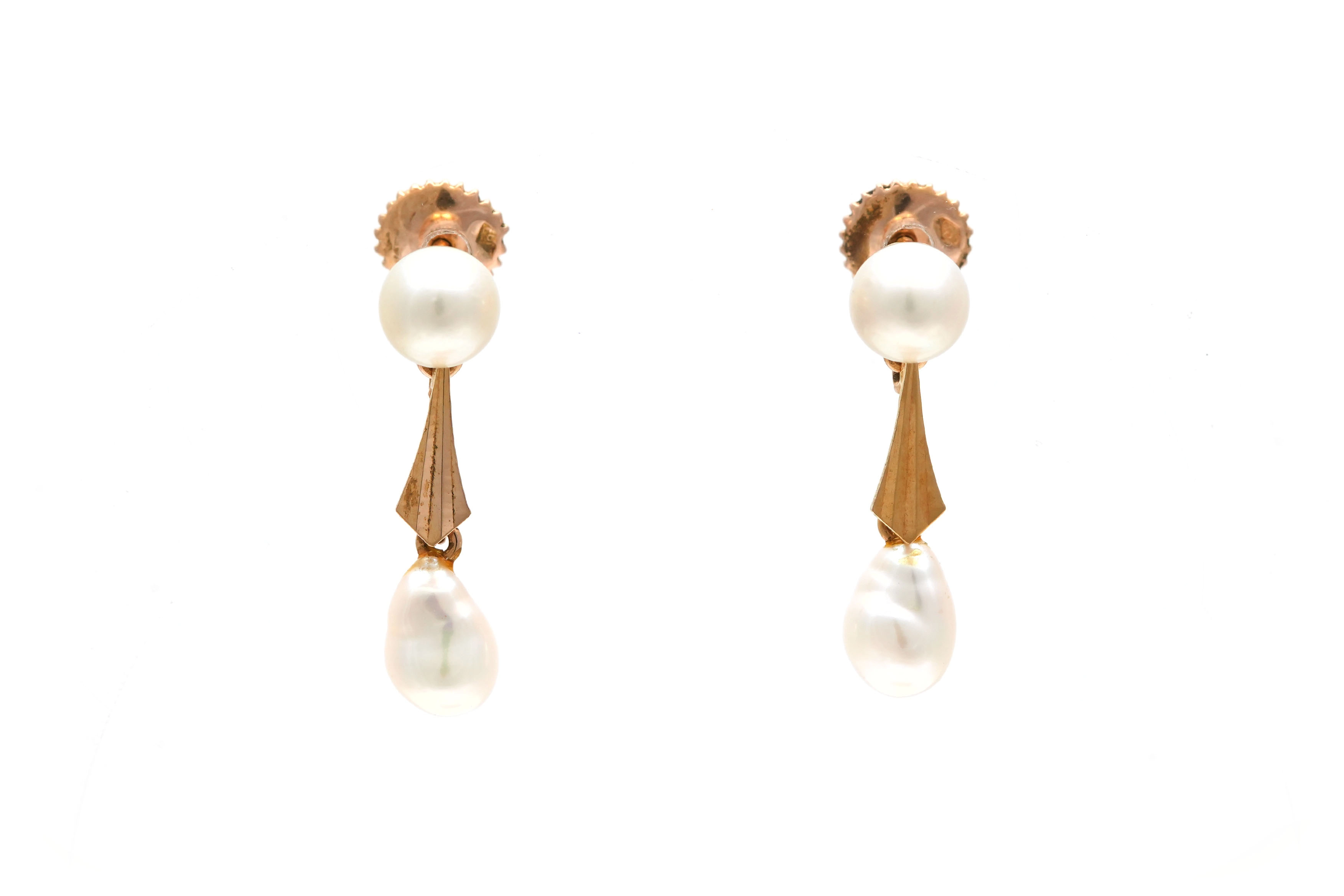 Boucles d'oreilles Art Déco en or jaune 18 carats serties de perles - - 1