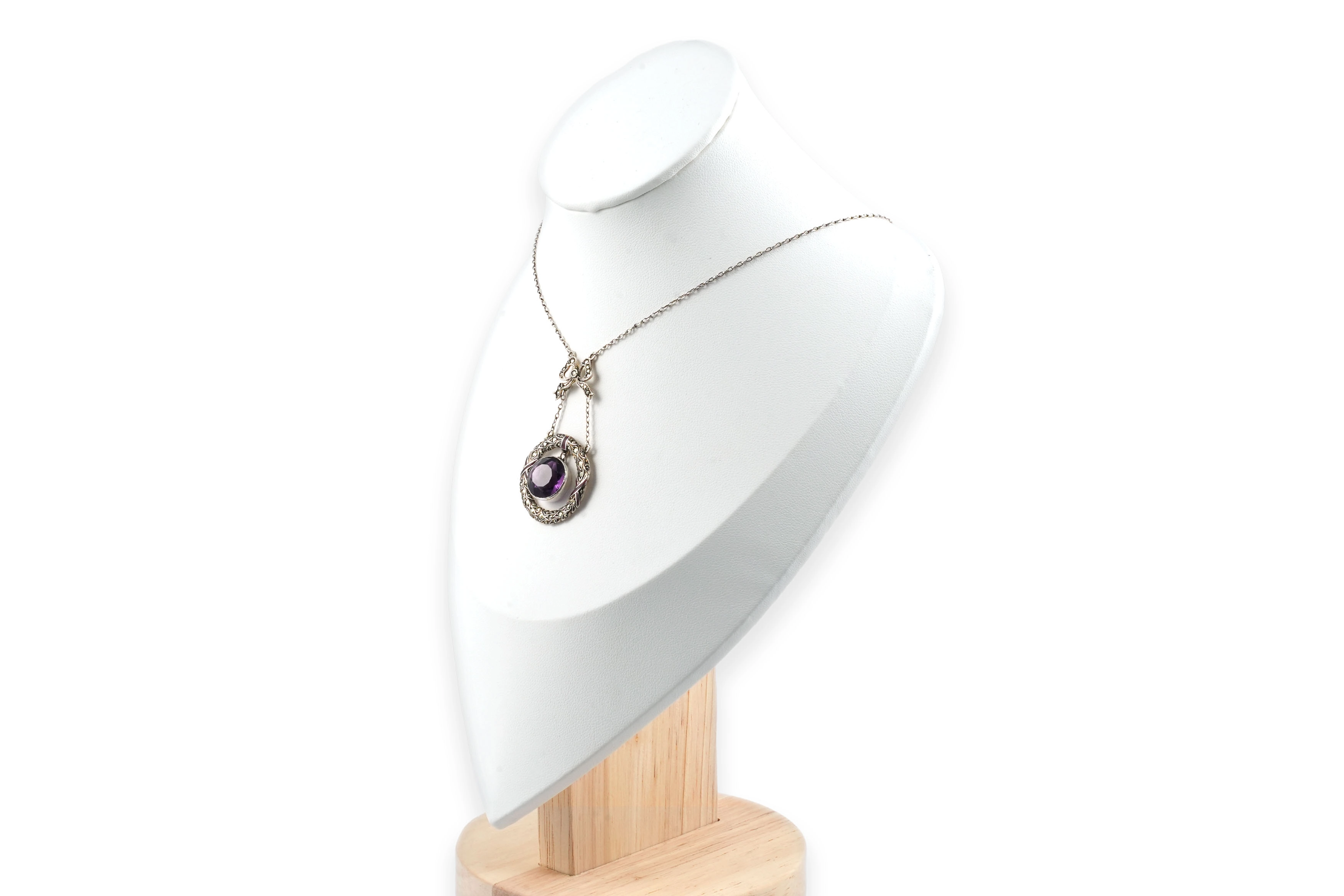Collier Art Déco en argent 925 serti d'une améthyste, de marcassites et d'émail - - 3