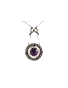 Collier Art Déco en argent 925 serti d'une améthyste, de marcassites et d'émail - - 1