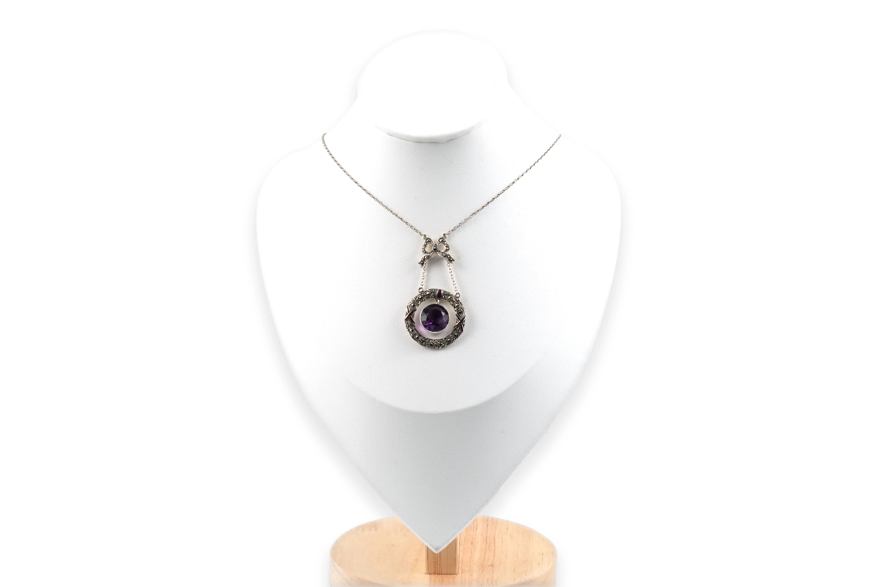 Collier Art Déco en argent 925 serti d'une améthyste, de marcassites et d'émail - - 2