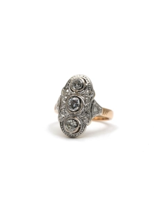 Bague Art Déco en or jaune et blanc 18 carats sertie de diamants taille "brillant" (+-0.55 ct) et taille "8/8"