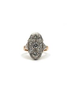 Bague Art Déco en or jaune et blanc 18 carats sertie de diamants taille "brillant" (+-0.55 ct) et taille "8/8"