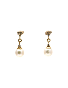 Boucles d'oreilles contemporaines en or jaune 18 carats serties de perles et de diamants taille "brillant" (+- 0.084ct)