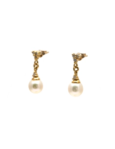 Boucles d'oreilles contemporaines en or jaune 18 carats serties de perles et de diamants taille "brillant" (+- 0.084ct)