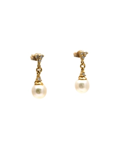 Boucles d'oreilles contemporaines en or jaune 18 carats serties de perles et de diamants taille "brillant" (+- 0.084ct)