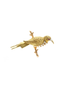 Broche Art Nouveau en or jaune 18 carats sertie de perles et d'un rubis
