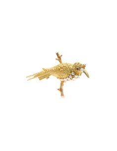 Broche Art Nouveau en or jaune 18 carats sertie de perles et d'un rubis