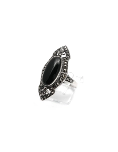 Bague Art Déco en argent 925 sertie d'une onyx et de marcassites