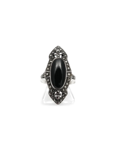 Bague Art Déco en argent 925 sertie d'une onyx et de marcassites