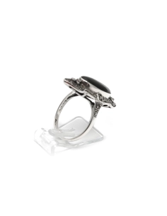 Bague Art Déco en argent 925 sertie d'une onyx et de marcassites