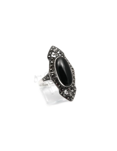 Bague Art Déco en argent 925 sertie d'une onyx et de marcassites