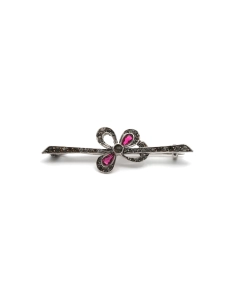 Broche Art Nouveau en argent 925 sertie de rubis de synthèse et de strass