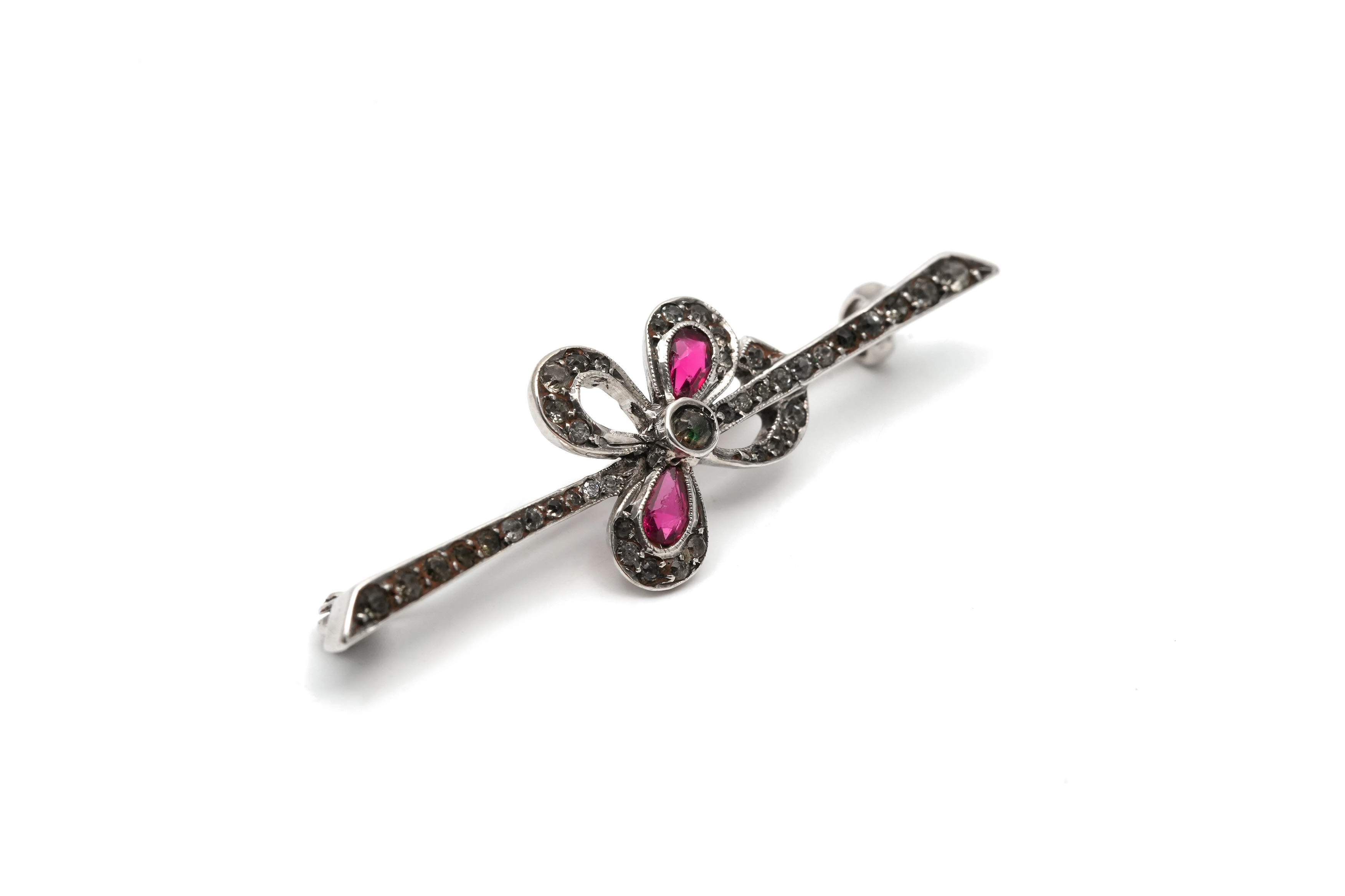 Broche Art Nouveau en argent 925 sertie de rubis de synthèse et de strass