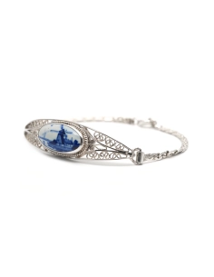 Bracelet Années 50 en argent serti d'une porcelaine
