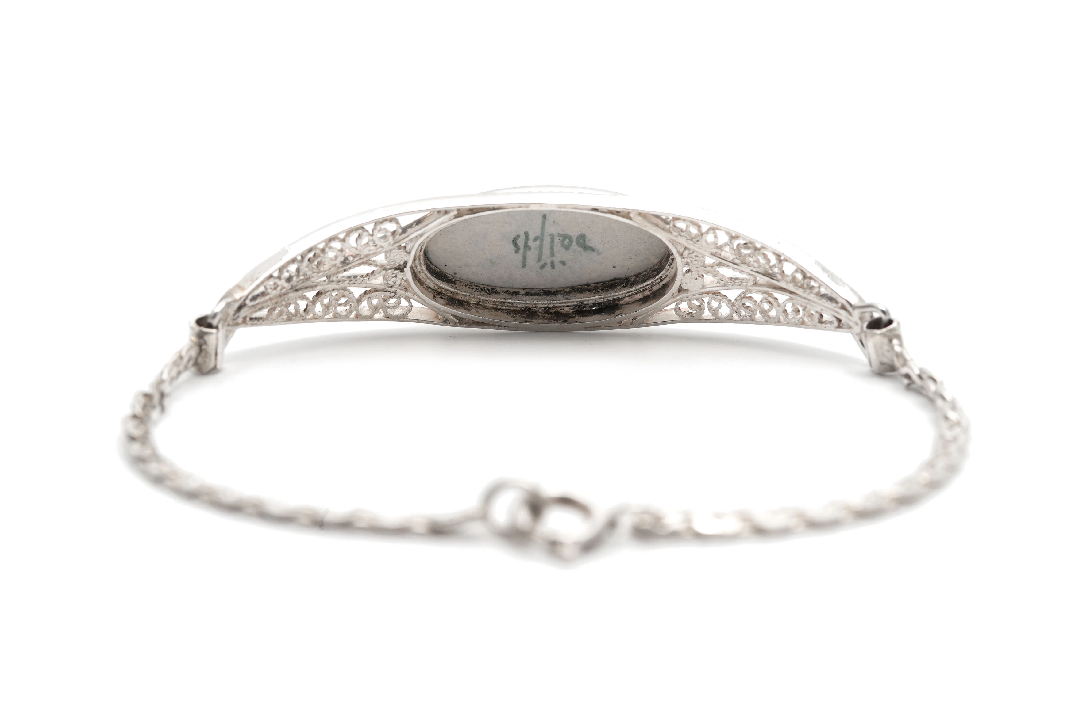 Bracelet Années 50 en argent serti d'une porcelaine