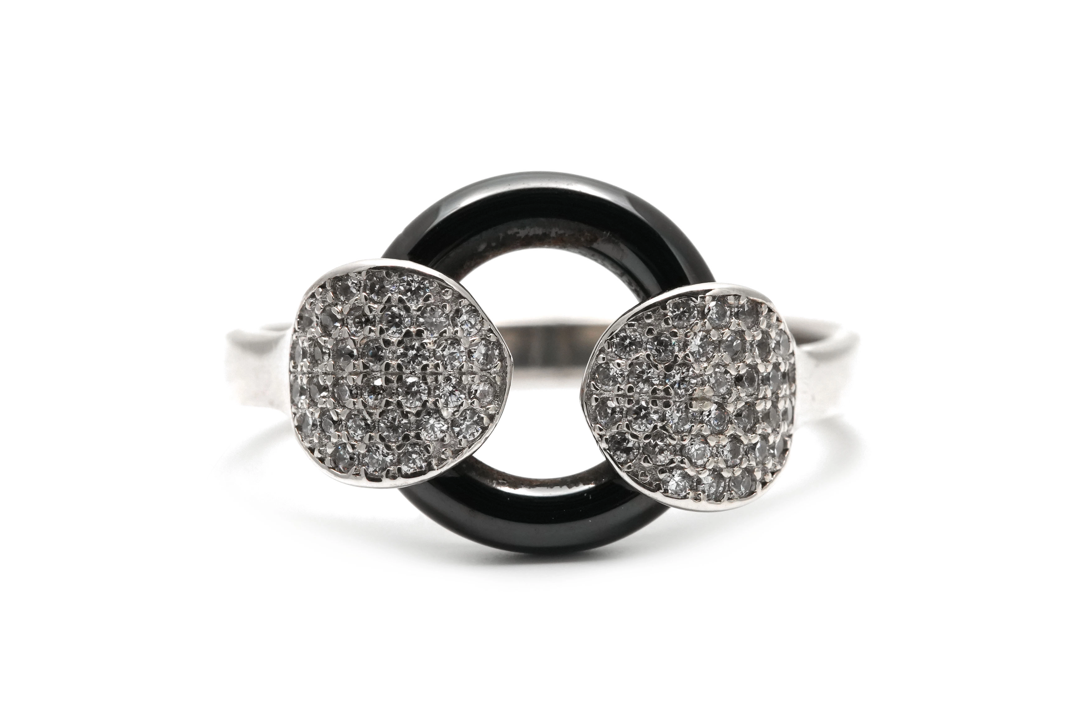 Bague contemporaine en argent 925 sertie de zirconiums et de céramique