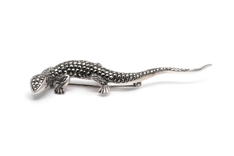 Broche lézard Art Déco en argent 835 sertie de marcassites -  - 2
