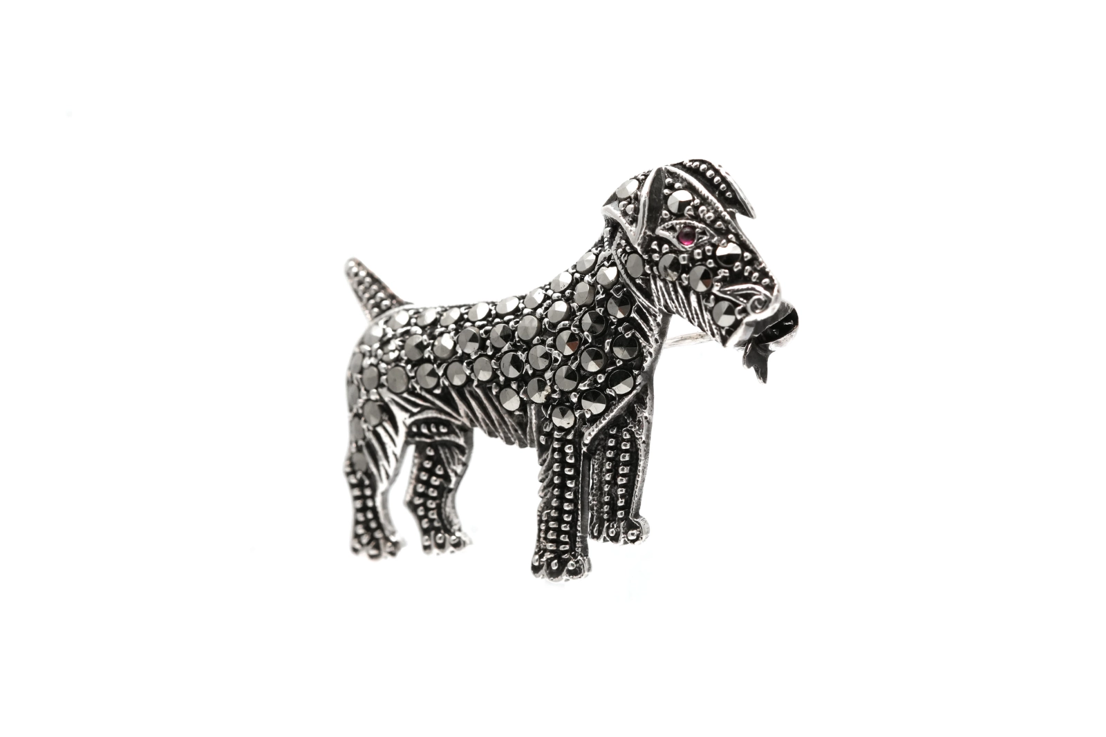 Broche Art Déco en argent sertie de marcassites et d'un rubis - - 1