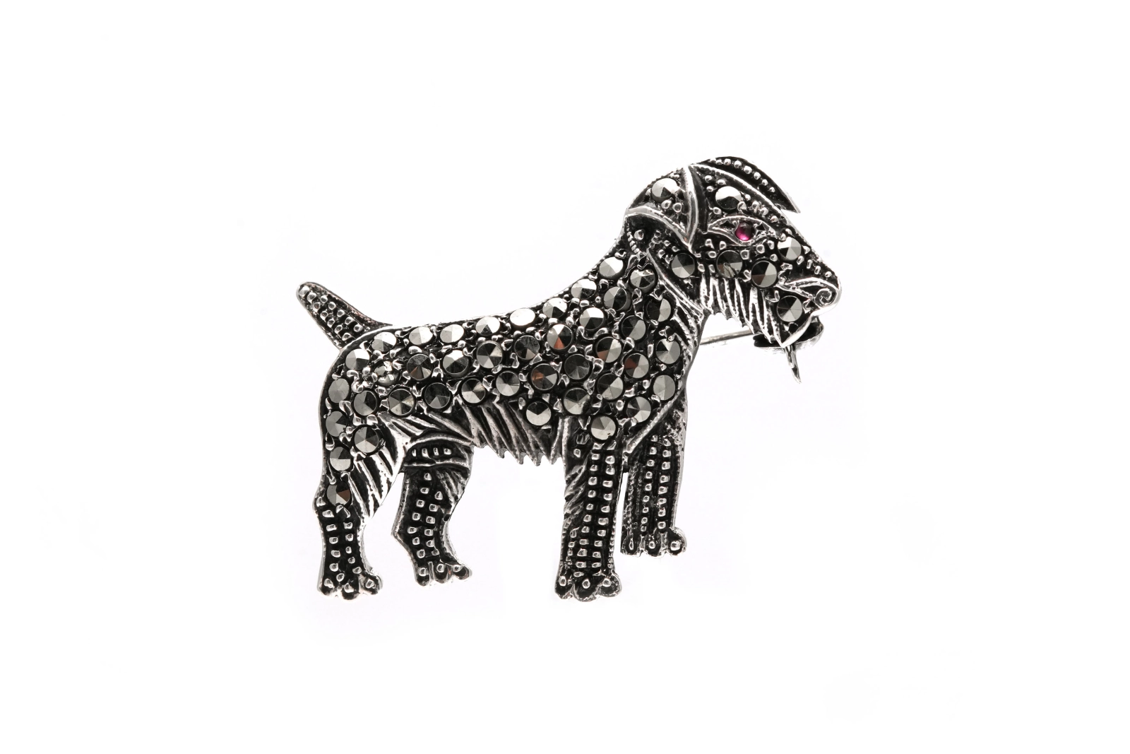 Broche Art Déco en argent sertie de marcassites et d'un rubis - - 2