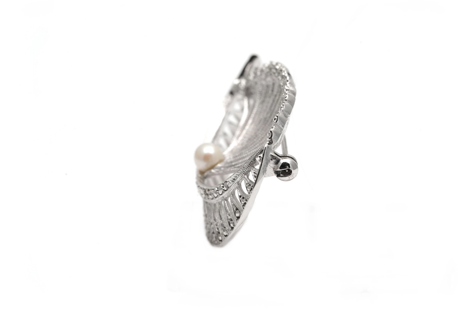 Broche Art Déco en argent 800 sertie de marcassites et d'une perle - - 3