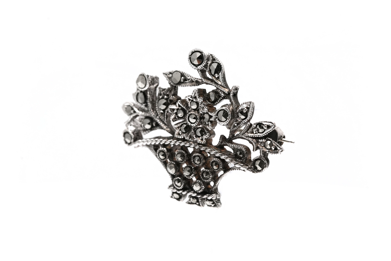 Broche Art Déco en argent 925 sertie de marcassites - - 1
