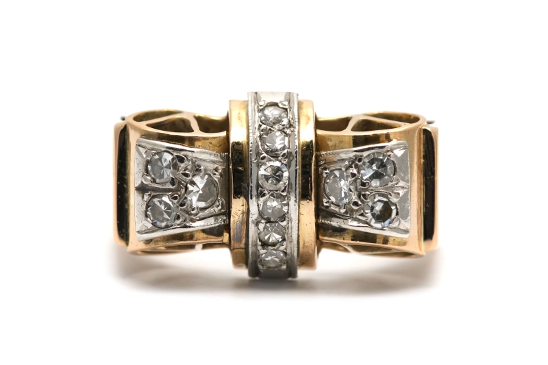 Bague Art Déco en or jaune 18 carats sertie de diamants taille "8/8"