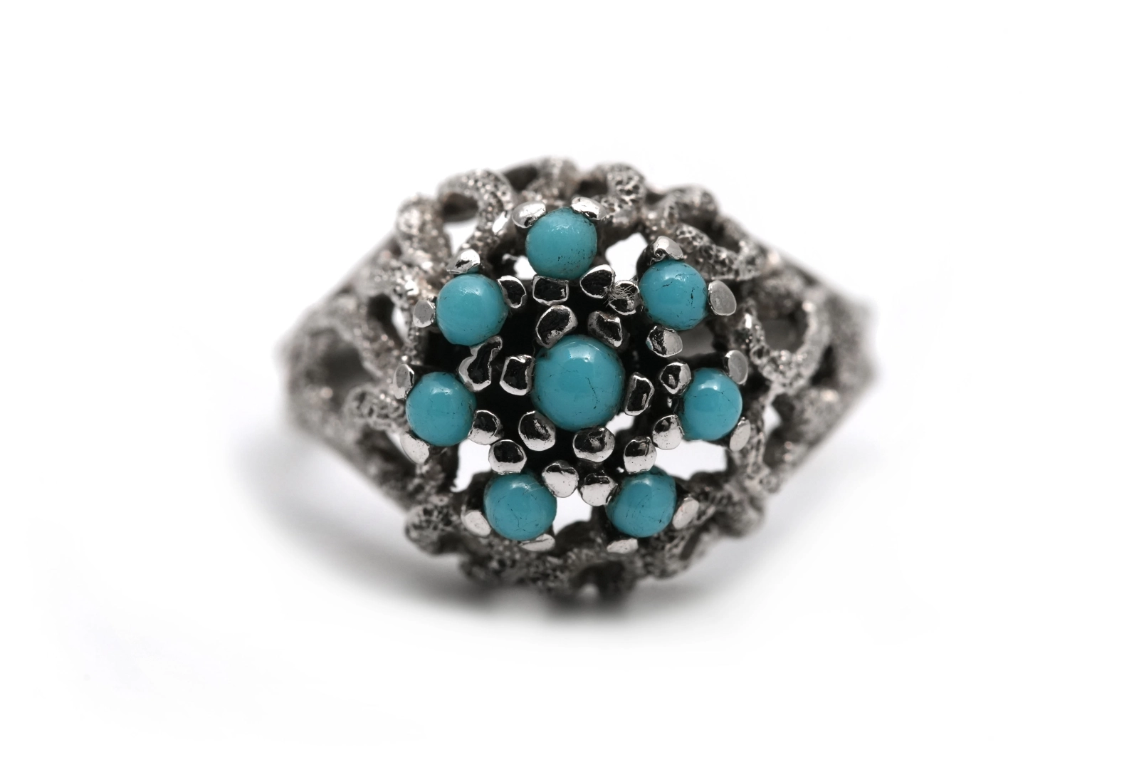 Bague Années 70 en argent 835 serti de turquoises