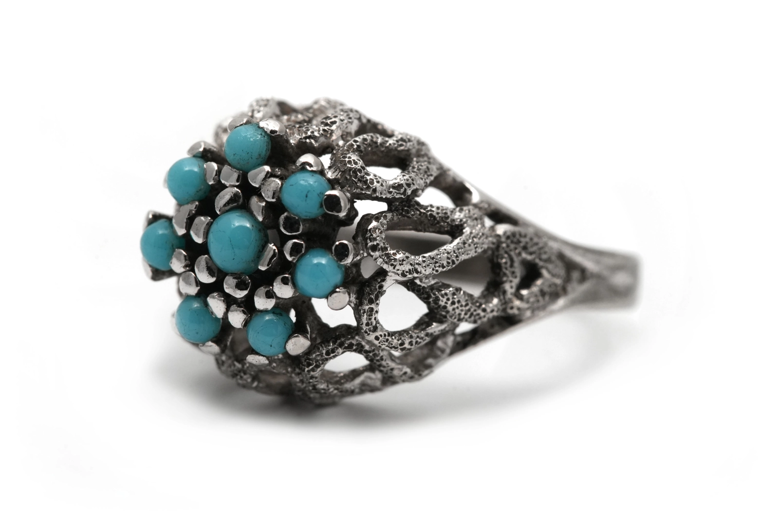 Bague Années 70 en argent 835 serti de turquoises