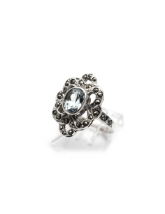 Bague Art Déco en argent 925 sertie d'une topaze et de marcassites