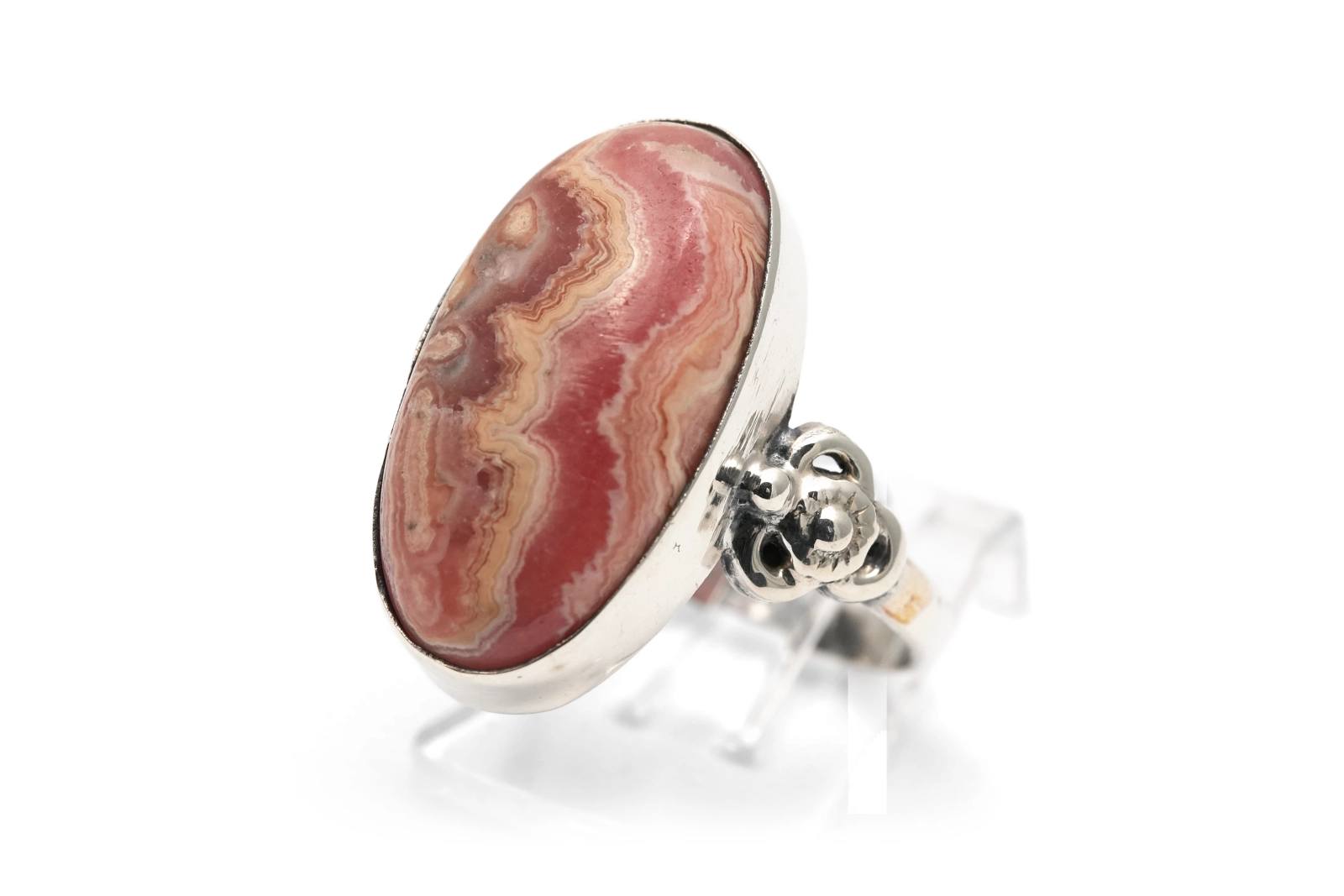 Bague Années 70 en argent 925 sertie d'une rhodochrosite
