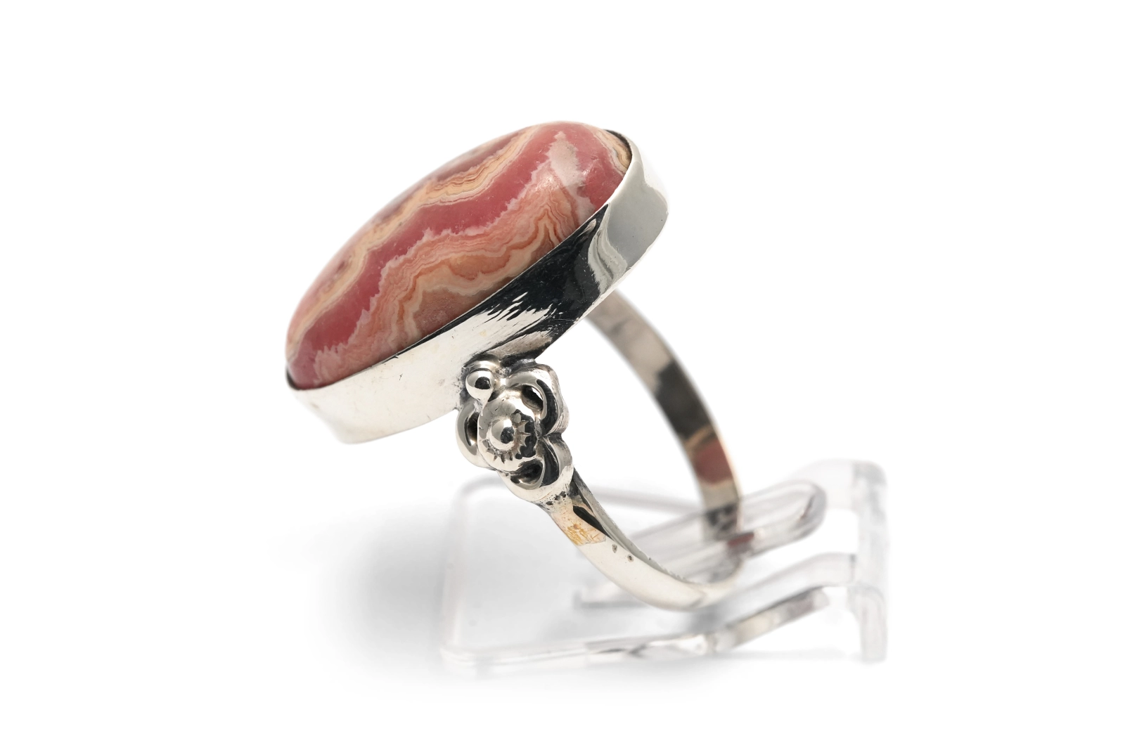 Bague Années 70 en argent 925 sertie d'une rhodochrosite
