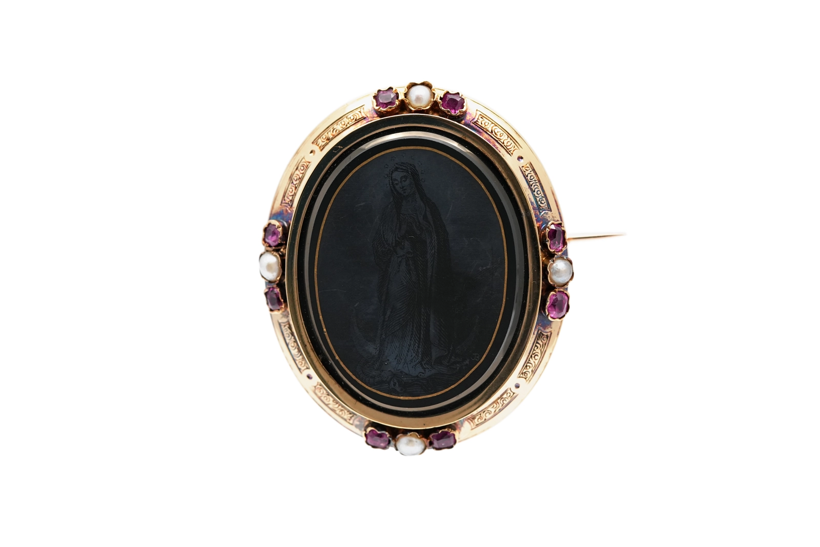 Broche Napoléon III en or jaune 18 carats sertie d'onyx, de perles et de rubis
