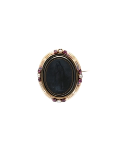 Broche Napoléon III en or jaune 18 carats sertie d'onyx, de perles et de rubis
