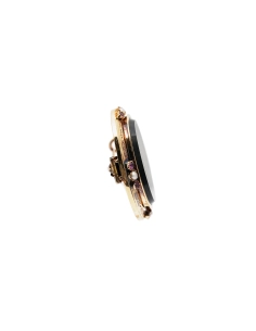 Broche Napoléon III en or jaune 18 carats sertie d'onyx, de perles et de rubis