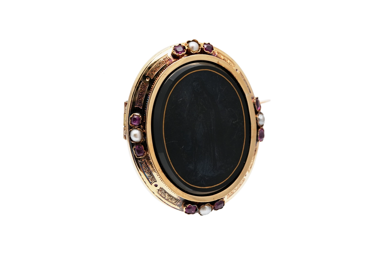 Broche Napoléon III en or jaune 18 carats sertie d'onyx, de perles et de rubis