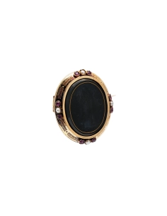 Broche Napoléon III en or jaune 18 carats sertie d'onyx, de perles et de rubis