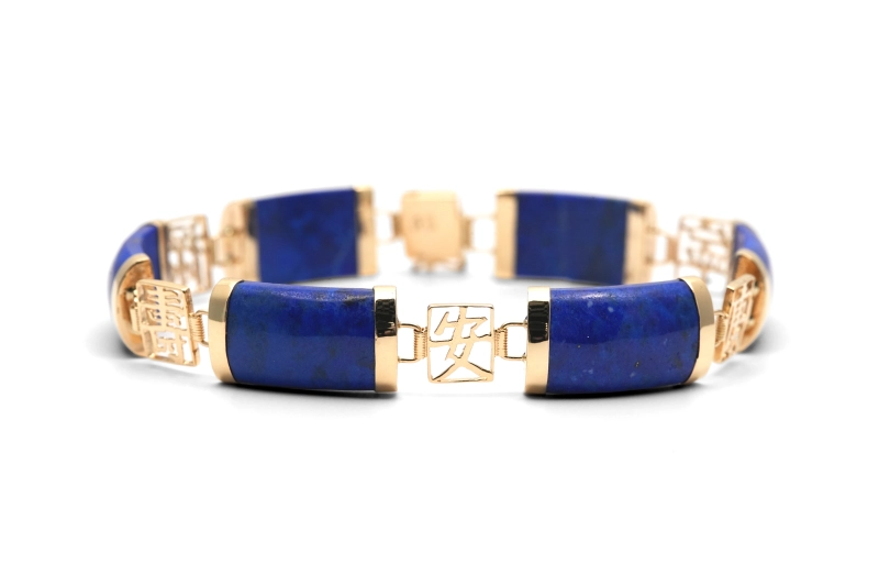 Bracelet Années 70 en or jaune 14 carats serti de lapis lazuli
