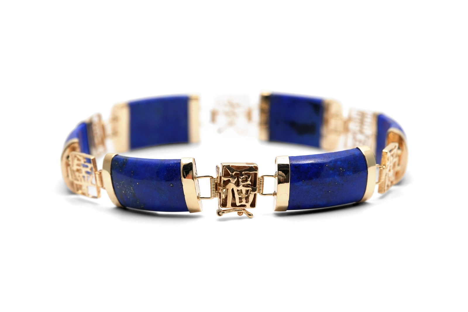 Bracelet Années 70 en or jaune 14 carats serti de lapis lazuli