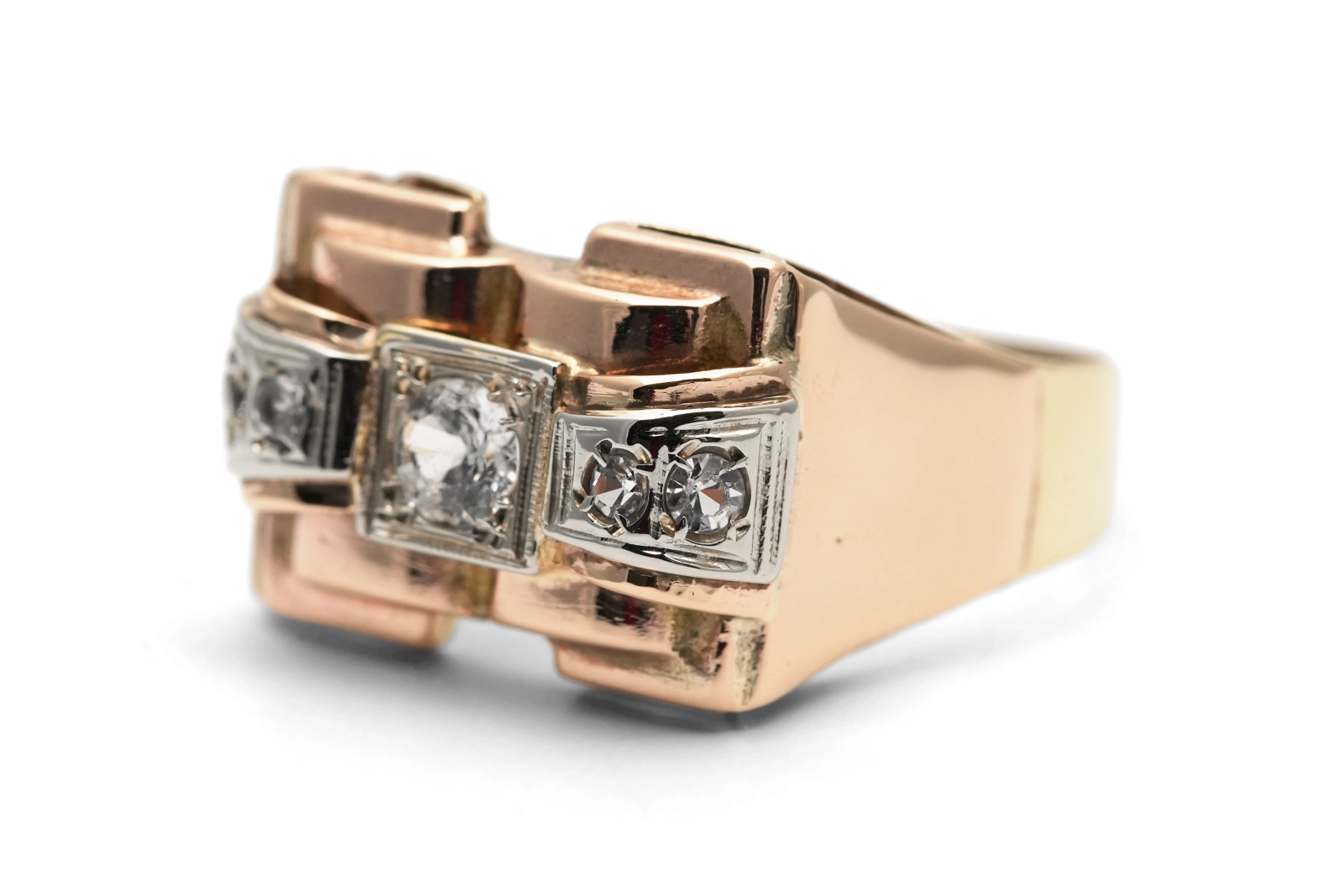 Bague Tank Art Déco en or jaune 9 carats sertie de saphirs blancs
