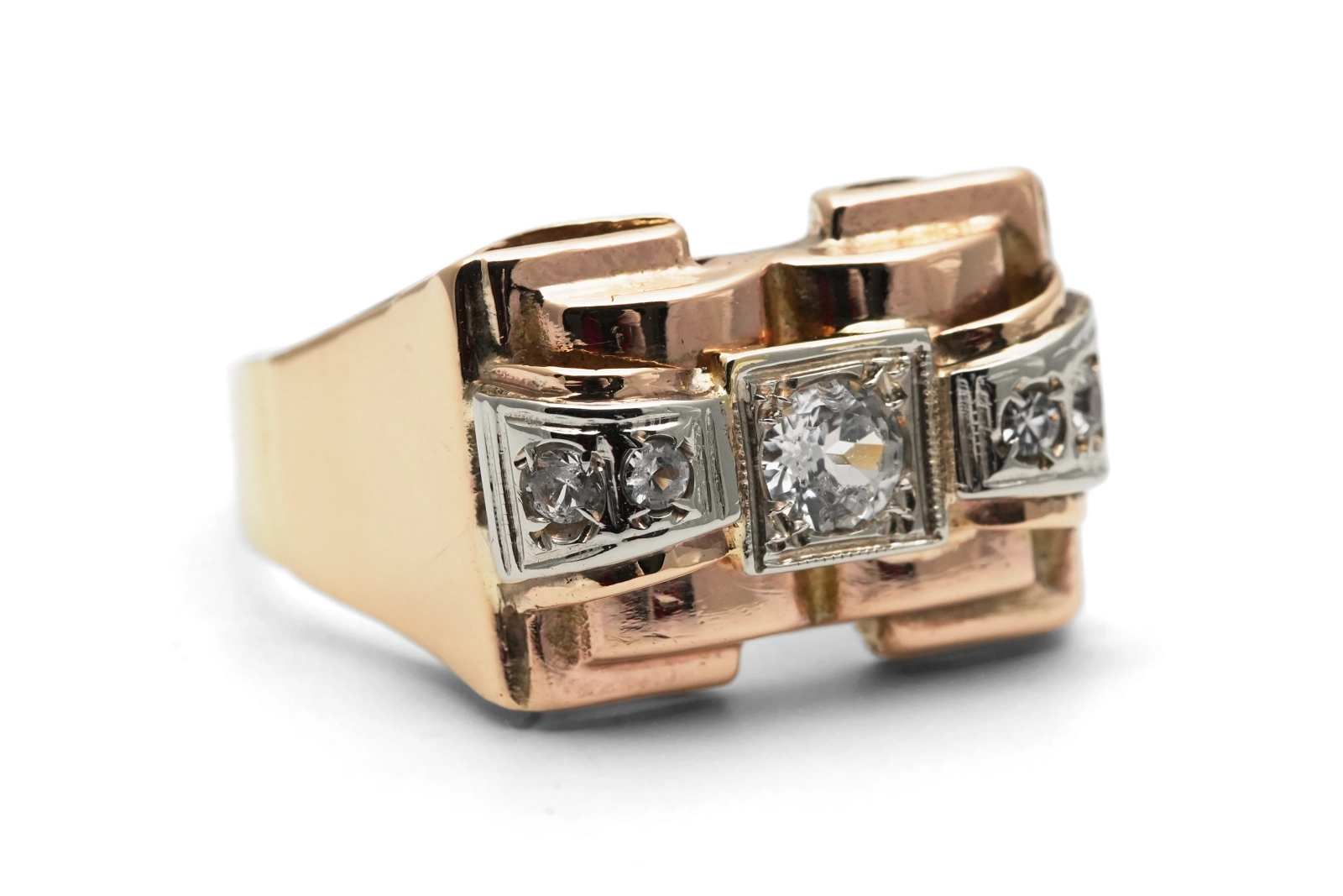 Bague Tank Art Déco en or jaune 9 carats sertie de saphirs blancs