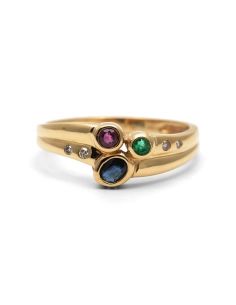 Bague contemporaine en or jaune 18 ct sertie d'une émeraude, un rubis, un saphir et un diamant taille "brillant" (+-0.024ct)