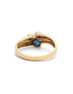 Bague contemporaine en or jaune 18 ct sertie d'une émeraude, un rubis, un saphir et un diamant taille "brillant" (+-0.024ct)