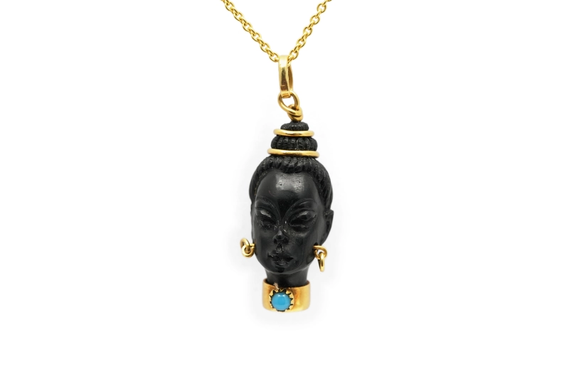 Pendentif années 70 en or jaune 18 carats et ébène serti d'une turquoise