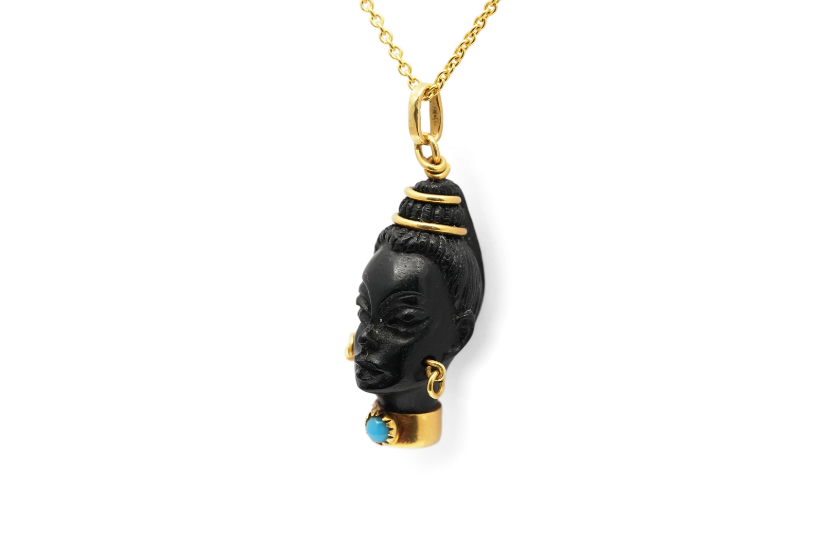 Pendentif années 70 en or jaune 18 carats et ébène serti d'une turquoise