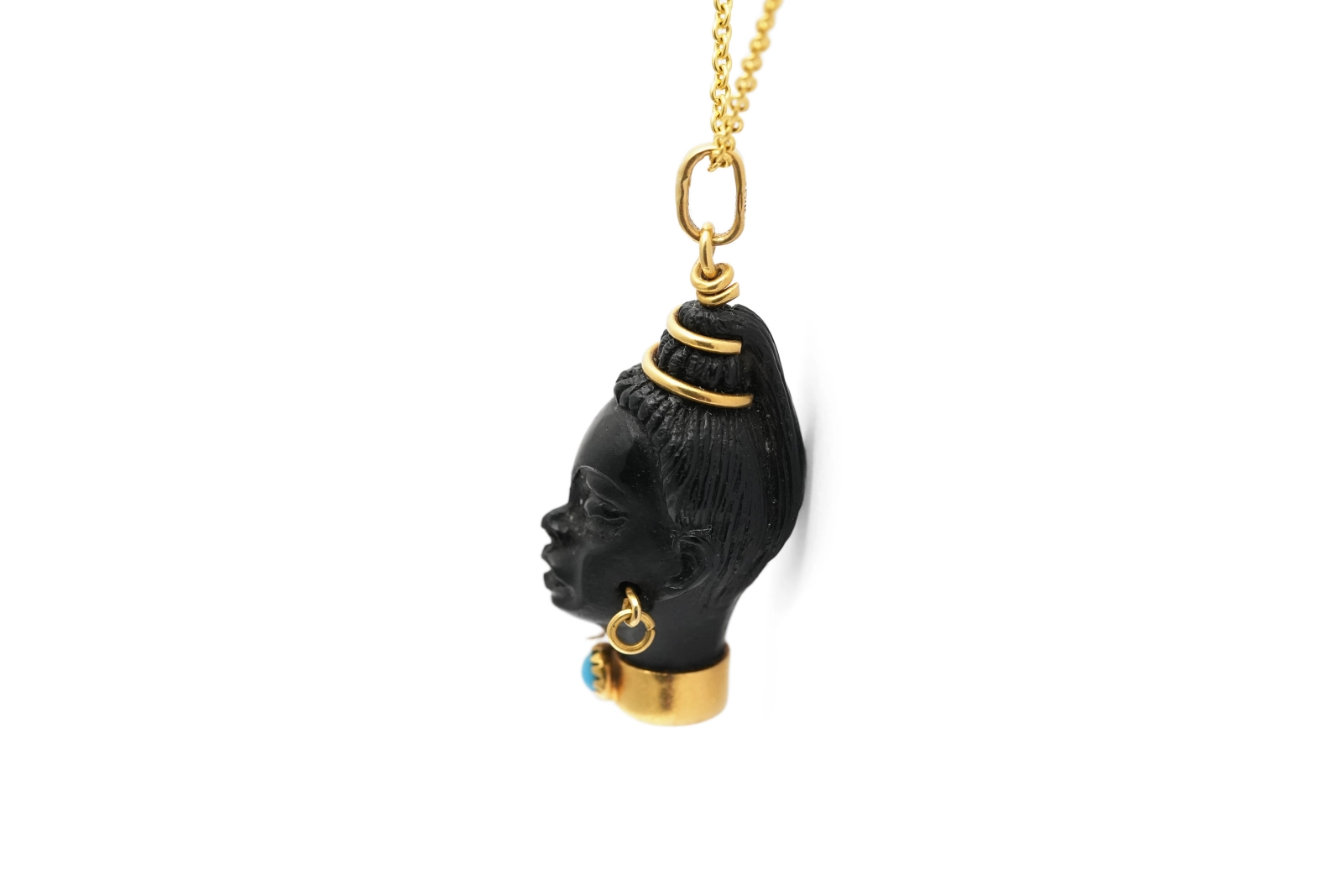 Pendentif années 70 en or jaune 18 carats et ébène serti d'une turquoise